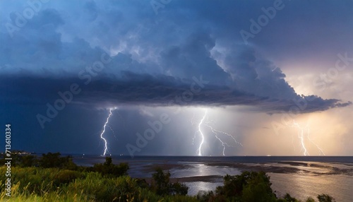 Lightning in a thunderstorm over water.