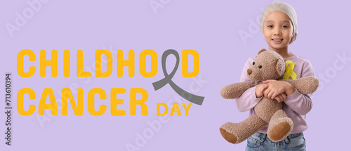 Little girl with awareness ribbon and toy bear on lilac background. Banner for International Childhood Cancer Day © Pixel-Shot