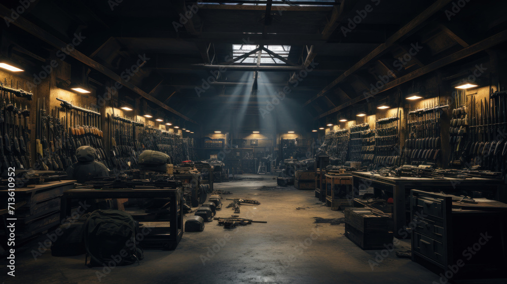Weapon in army dark warehouse, metal and wooden boxes of guns stored in military storage. Illegal smuggle arsenal of firearm. Concept of war, industry, violence, package, background - obrazy, fototapety, plakaty 