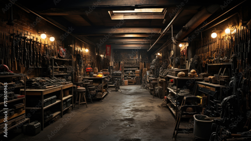 Weapon Inside Military Store Boxes Of Guns In Dark Warehouse Illegal