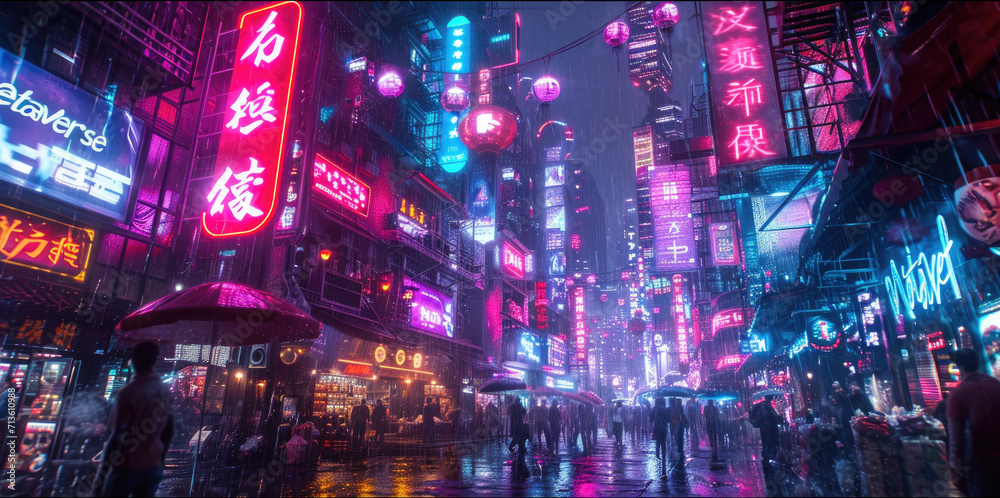 Cyberpunk neon city at night, dark street with tall buildings and people in rain. Futuristic skyscrapers with red and blue sign light. Concept of dystopia, future, industry, urban