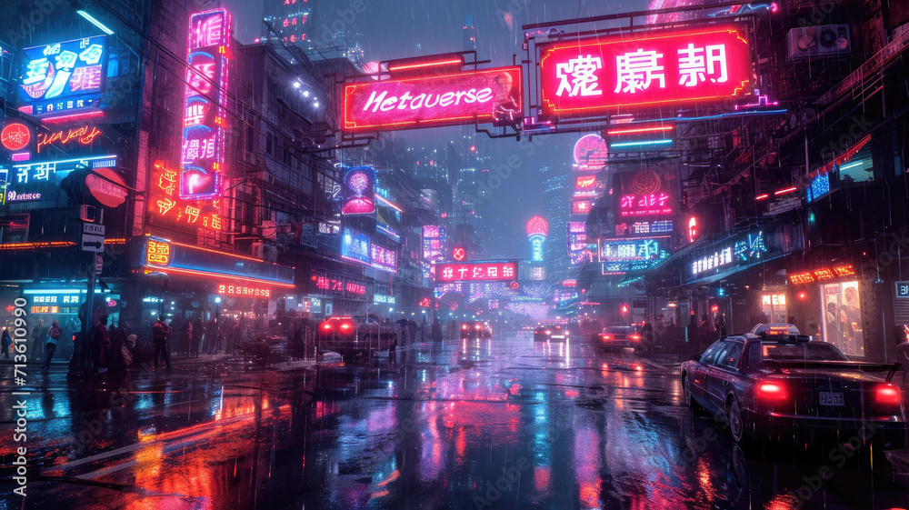 Cyberpunk neon city at night, dark street with tall buildings and cars in rain. Futuristic skyscrapers with red, purple and blue sign light. Concept of dystopia, future, urban metaverse