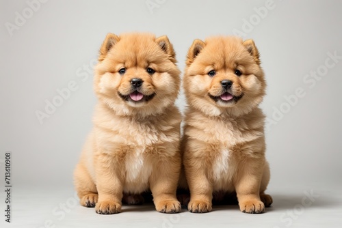 Dos cachorros chow chow, sentados, felices, sobre fondo blanco 