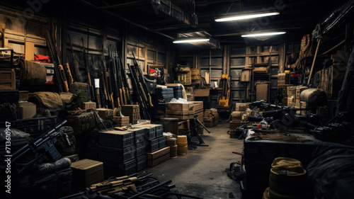 Weapon in warehouse, metal and wooden boxes of guns stored in dark military storage. Illegal smuggle arsenal of firearm. Concept of war, industry, violence, package and crime.