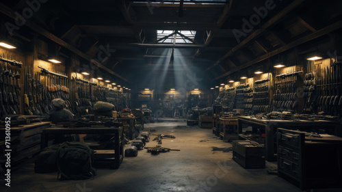 Weapon in army dark warehouse, metal and wooden boxes of guns stored in military storage. Illegal smuggle arsenal of firearm. Concept of war, industry, violence, package, background photo