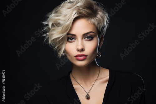 Attractive young woman with blond short hair isolated on black background. Face of adult girl model with modern stylish hairstyle. Concept of beauty, portrait, style, fashion, haircut, care