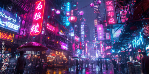 Foto Cyberpunk neon city at night, dark street with tall buildings and people in rain