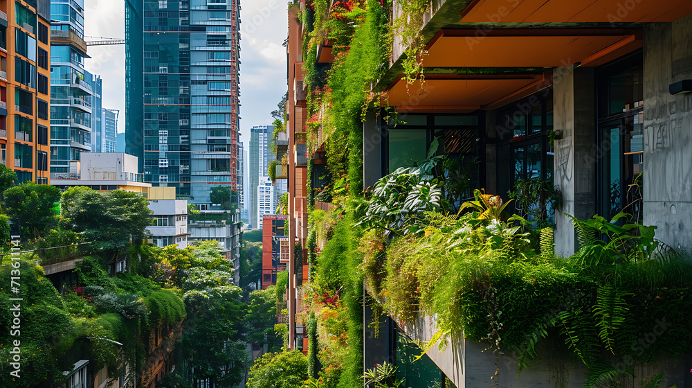 Exuberância verde transborda as bordas das varandas de concreto e enfileira as ruas criando um contraste marcante contra o pano de fundo dos imponentes arranha-céus