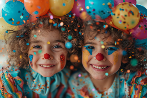 Smiling children dressed as clowns for carnival
