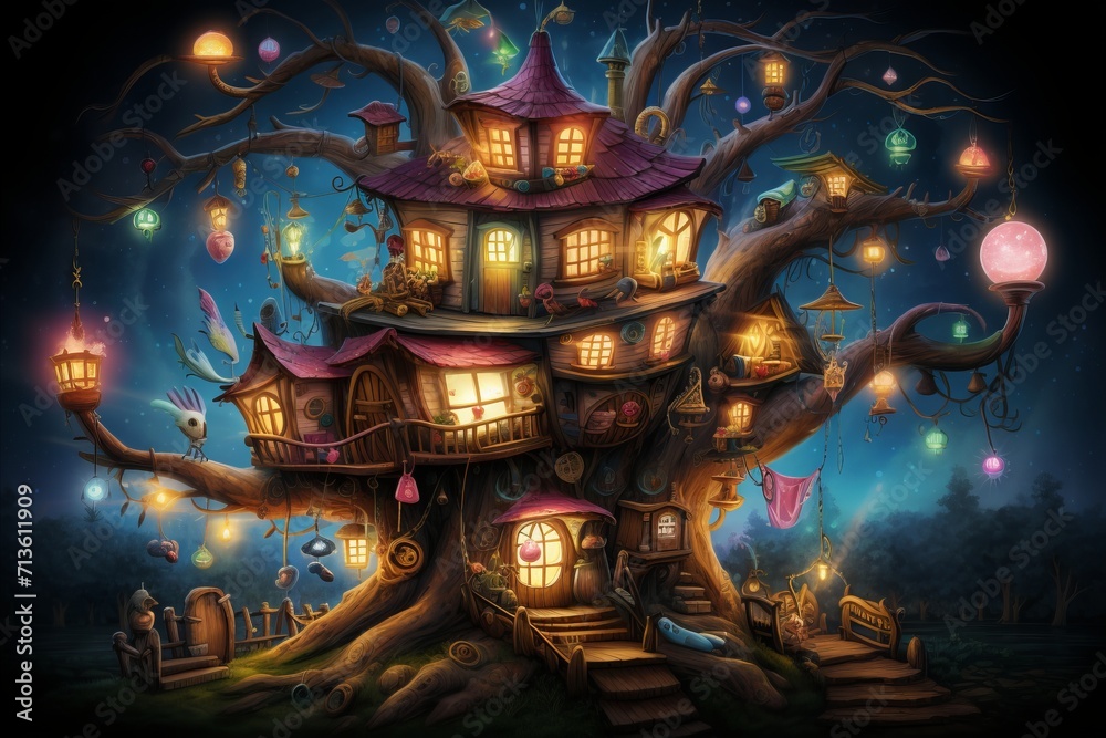 Enchanting magical tree house with beautiful glowing lights and lanterns, illuminated throughout the night