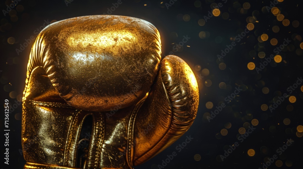 Golden boxing glove glinting with a warm bokeh effect in the darkness. Concept of the victory and success in sports, enduring spirit in sports, the value of experience, and the glow of triumph.