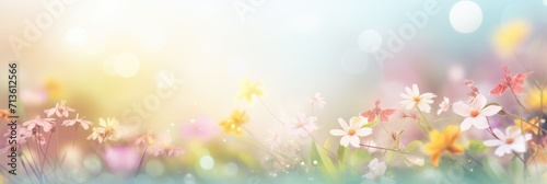 Colorful spring banner panoramic pastel colors pink yellow wildflowers at field  sun rays background blurred bokeh. Pure air light spring template with space for text. Design graphic resource backdrop