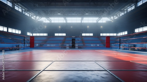 Illuminated empty boxing ring under spotlights. Concept of sports, competition, boxing, combat sports, training Sessions