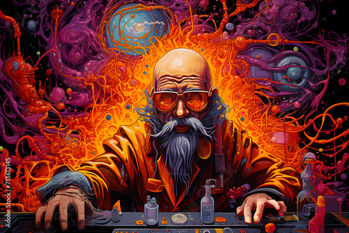 Illustration in psychedelic style, of a Mad mutant Scientist Making Crazy Experiment. photo