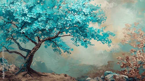 Lush tree mural in 3D  blending turquoise  blue leaves with a gentle brown landscape.
