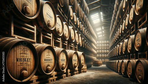 Inside a large aging facility containing barrels of whiskey, bourbon, scotch, and wine.