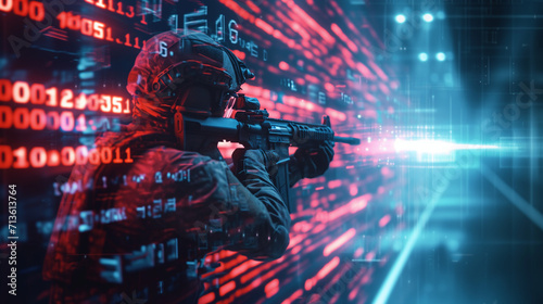 Digital warfare concept with binary code and virtual combat elements