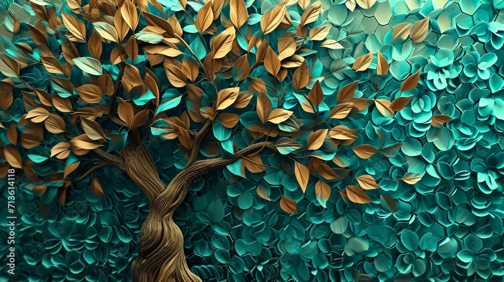 custom made wallpaper toronto digitalAbstract 3D tree mural with swirling turquoise, blue, and brown leaves, dynamic green hexagon backdrop.