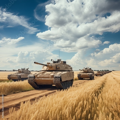tanks on the wheat field. wheat field destroyed by bombs Blue sky with white clouds. Extremely wide frame shot