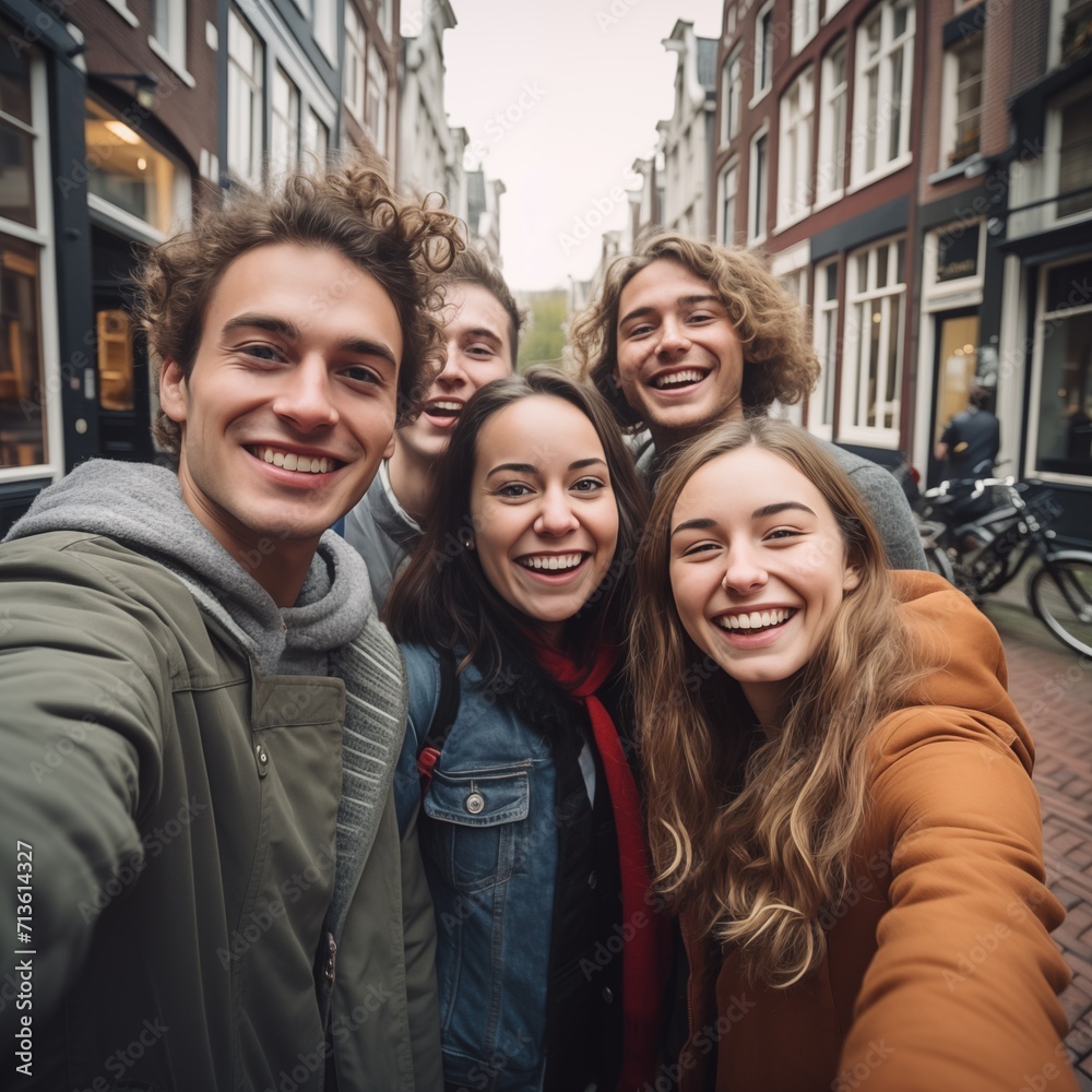 Happy stylish group of young people takes selfie photo in Amsterdam, Netherlands. Student travels abroad and takes pictures for his blog. Happy stylish group of young people takes selfie photo in Amsterdam, Netherlands. Student travels abroad and takes pictures for his blog.