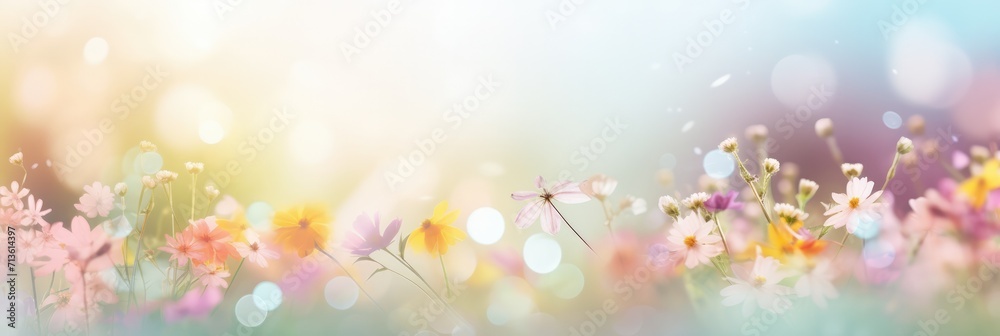 Colorful spring banner panoramic pastel colors pink yellow wildflowers at field, sun rays background blurred bokeh. Pure air light spring template with space for text. Design graphic resource backdrop