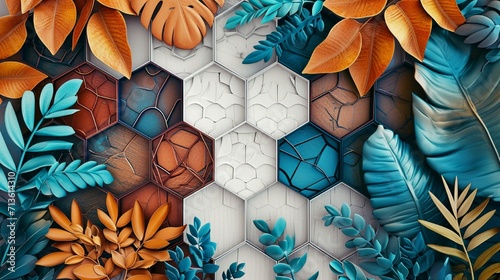 3D mural on wooden oak, white lattice tiles, vibrant turquoise, blue leaves, brown hues, colorful hexagon pattern, floral background. #713614310
