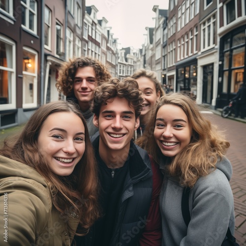 Happy stylish group of young people takes selfie photo in Amsterdam, Netherlands. Student travels abroad and takes pictures for his blog.