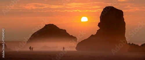 face rock on the beach at Bandon, Oregon at sunset on the southern Oregon coast.