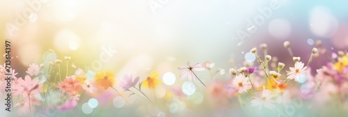 Colorful spring banner panoramic pastel colors pink yellow wildflowers at field  sun rays background blurred bokeh. Pure air light spring template with space for text. Design graphic resource backdrop