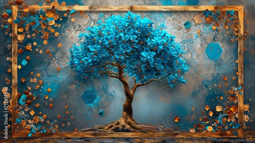 Artistic tree in a 3D wooden mural frame, vivid turquoise, blue leaves, brown canvas, colorful hexagon texture, floral backdrop.