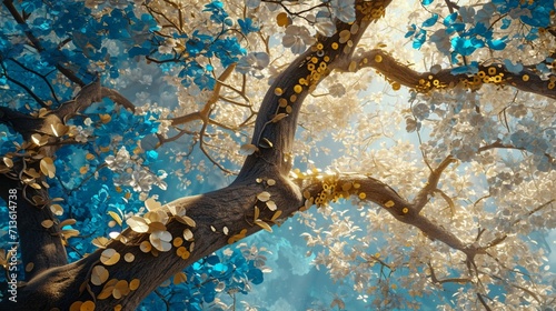 Lush tree mural, oak, white lattice, turquoise, blue leaves, chamfered gold hexagons, floral.