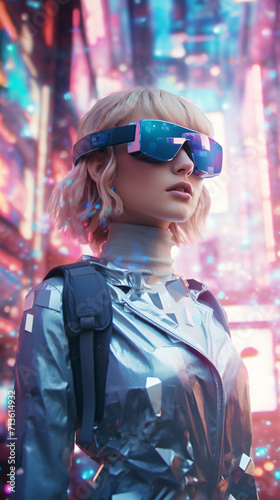 A modern woman in a trendy futurism style, surrounded by futuristic elements and holographic simulations. Generative AI © Gennie Fx