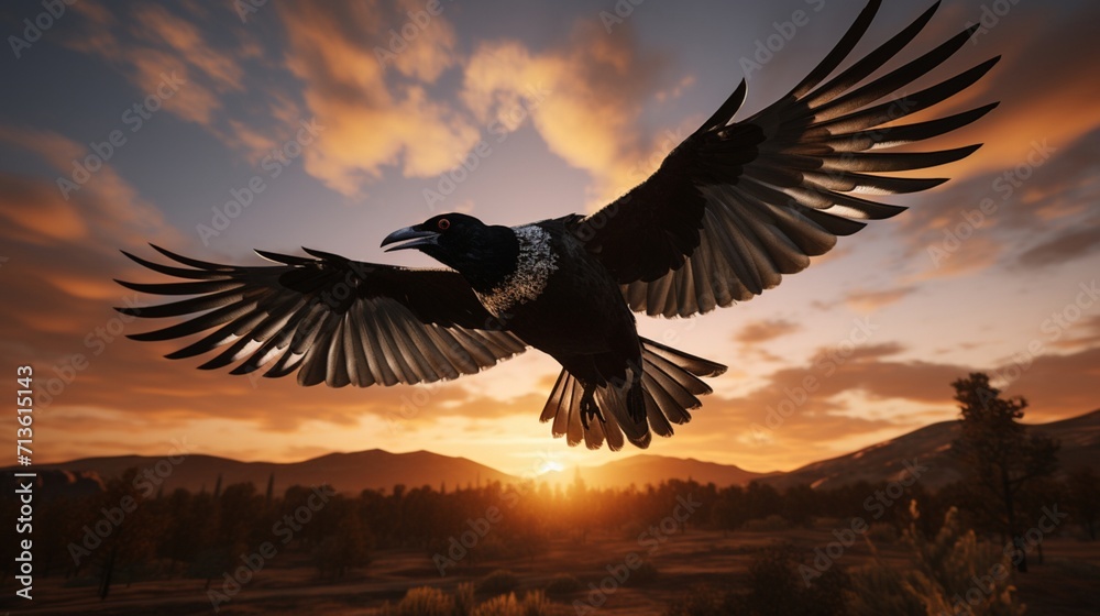 Fototapeta premium Graceful Magpie Soaring through the Sky with Majestic Wings Spread Wide - AI-Generative