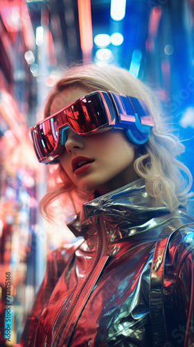 A modern woman in a trendy futurism style, surrounded by futuristic elements and holographic simulations. Generative AI