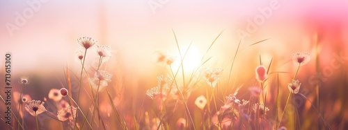Soft focus of grass flowers with sunset light, peaceful and relax natural beauty, spring Easter wild flowers background concept © NoLimitStudio