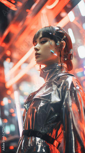 A modern woman in a trendy futurism style, surrounded by futuristic elements and holographic simulations. Generative AI