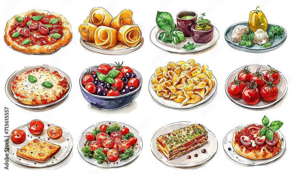 watercolor stickers of italian food white background watercolor stickers of italian food white background