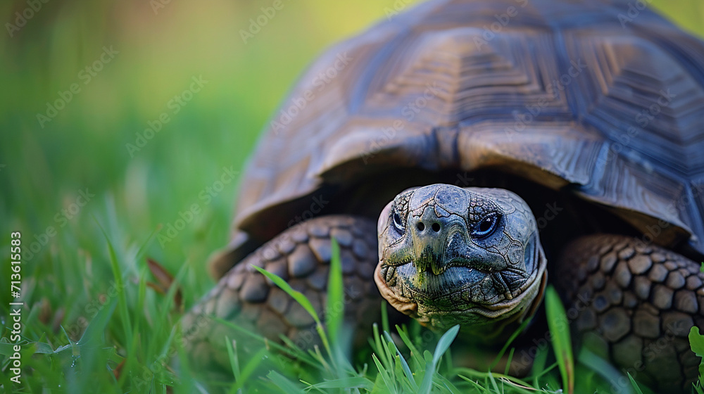 Naklejka premium Close-up of a wise tortoise moving slowly through a grassy field, embodying resilience and longevity in the animal kingdom, animals, tortoise, hd, with copy space