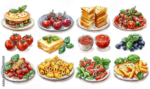 watercolor stickers of italian food white background