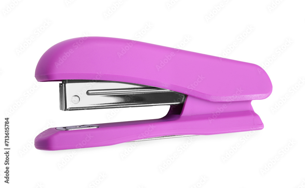 One purple stapler isolated on white, top view