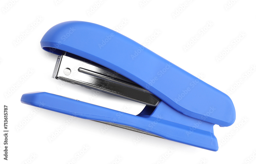 One blue stapler isolated on white, top view One blue stapler isolated on white, top view