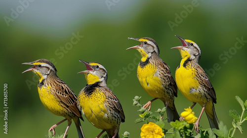 Group of meadowlarks singing in unison on a sunny day, celebrating the melodious and harmonious nature of these songbirds, animals, meadowlarks, hd, with copy space photo