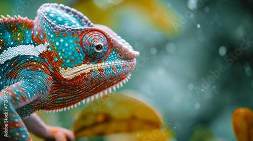Close-up of a curious chameleon blending into its surroundings, illustrating the adaptability and camouflage skills of these reptiles, animals, chameleon, hd, with copy space © Kateryna