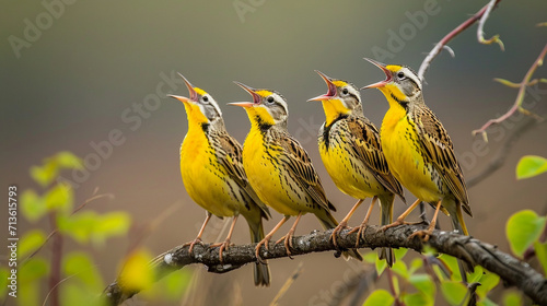 Group of meadowlarks singing in unison on a sunny day, celebrating the melodious and harmonious nature of these songbirds, animals, meadowlarks, hd, with copy space photo
