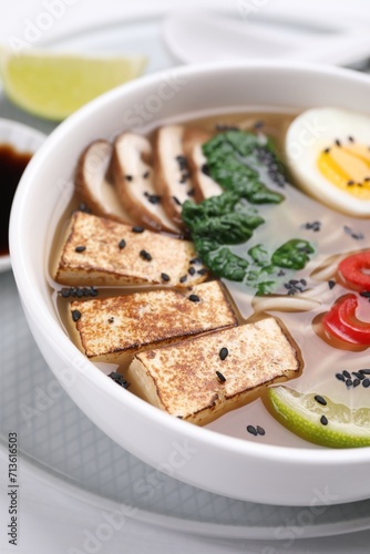 Delicious vegetarian ramen in bowl on white table, closeup