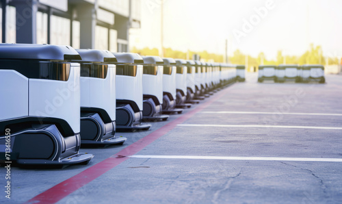 A row of automated smart guided vehicle, modern intelligent delivery robots standing in the parking lot waiting for an order. Generative AI photo