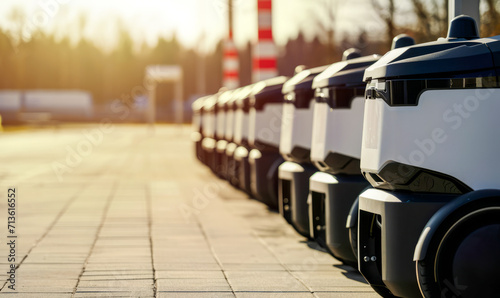Automated intelligent guided vehicle, intelligent delivery robots stand in a row in a parking lot waiting for an order. Generative AI.