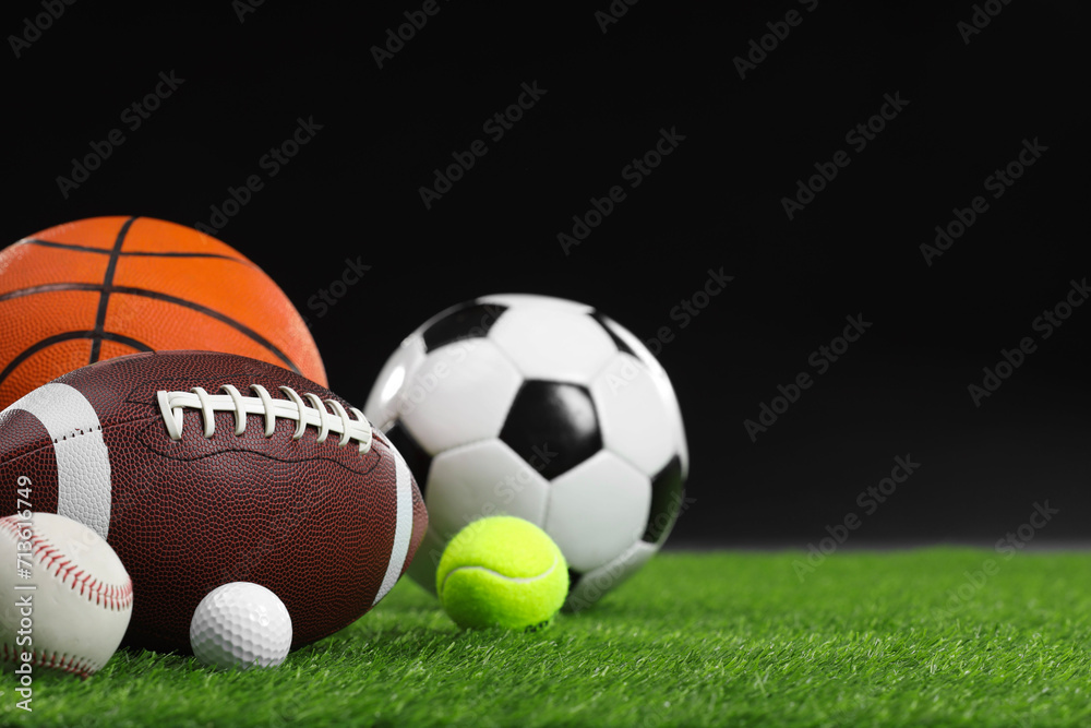 Many different sports balls on green grass against black background, space for text Many different sports balls on green grass against black background, space for text