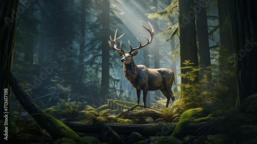 Majestic Elk with Impressive Antlers Roaming Through Lush Forest Canopy - AI-Generative photo