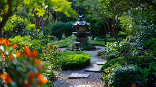 Exuberante vegetação envolve um tranquilo jardim  Zen com flores vibrantes adicionando toques de cor por toda parte photo